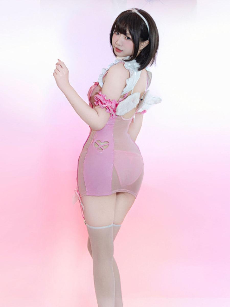 Devil and Angel Cosplay Costume Faux Leather Heart Cutout Mini Dress with Accessories