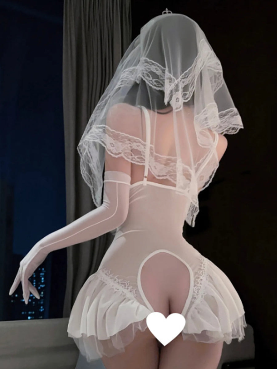 White Bridal Cosplay Lingerie Lace Mesh Crotchless Bodysuit with Veil and Gloves 