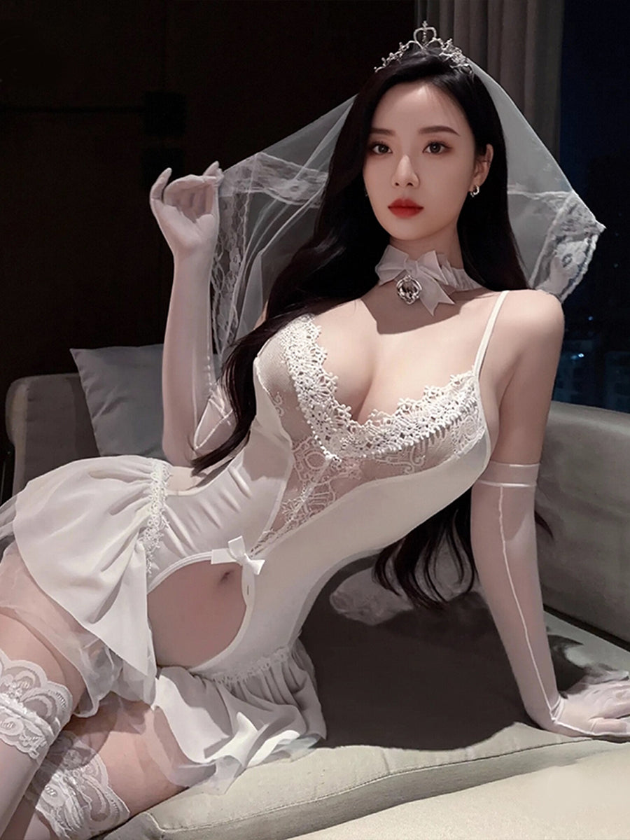 White Bridal Cosplay Lingerie Lace Mesh Crotchless Bodysuit with Veil and Gloves 