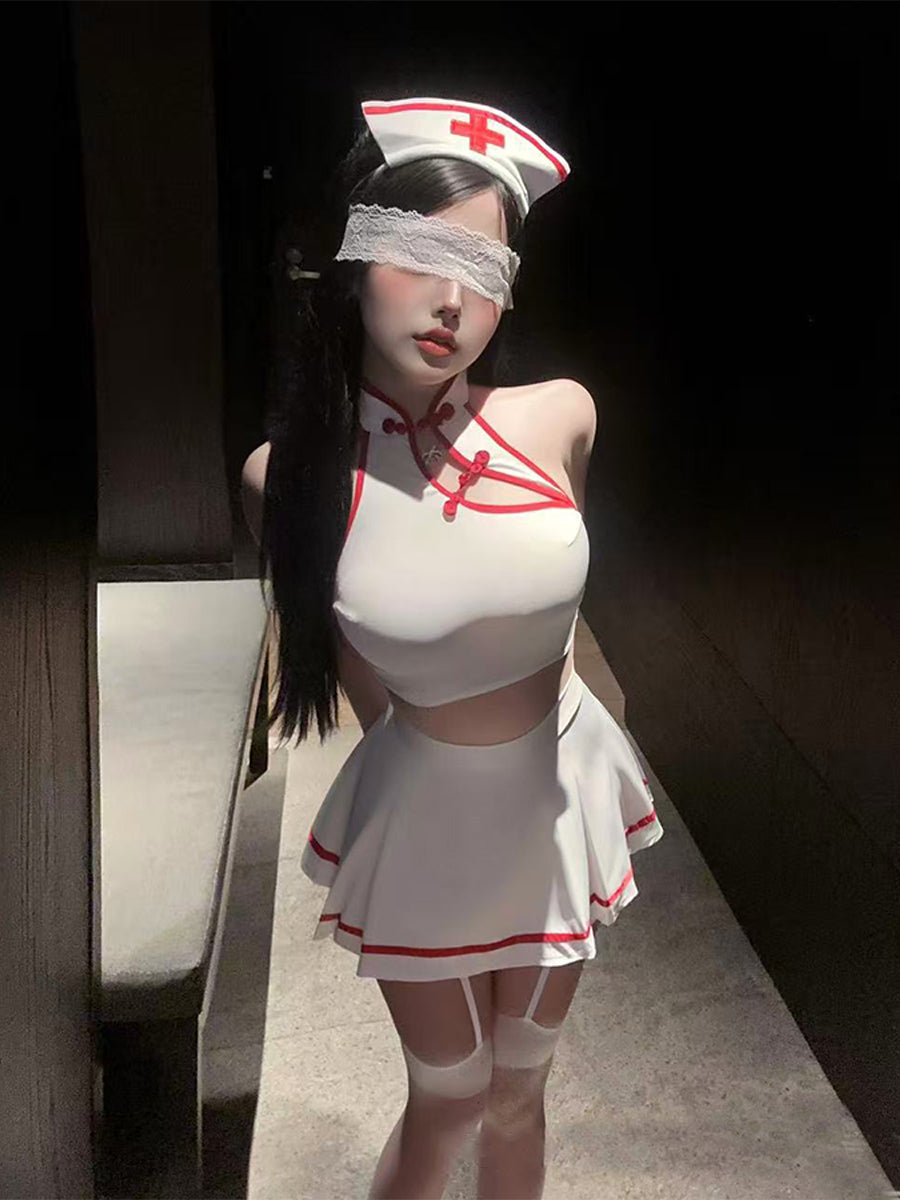 Chinese Style Nurse Cosplay Lingerie Set Two Piece Halter Top and Mini Skirt