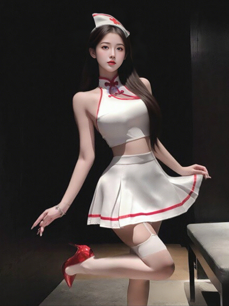 Chinese Style Nurse Cosplay Lingerie Set Two Piece Halter Top and Mini Skirt