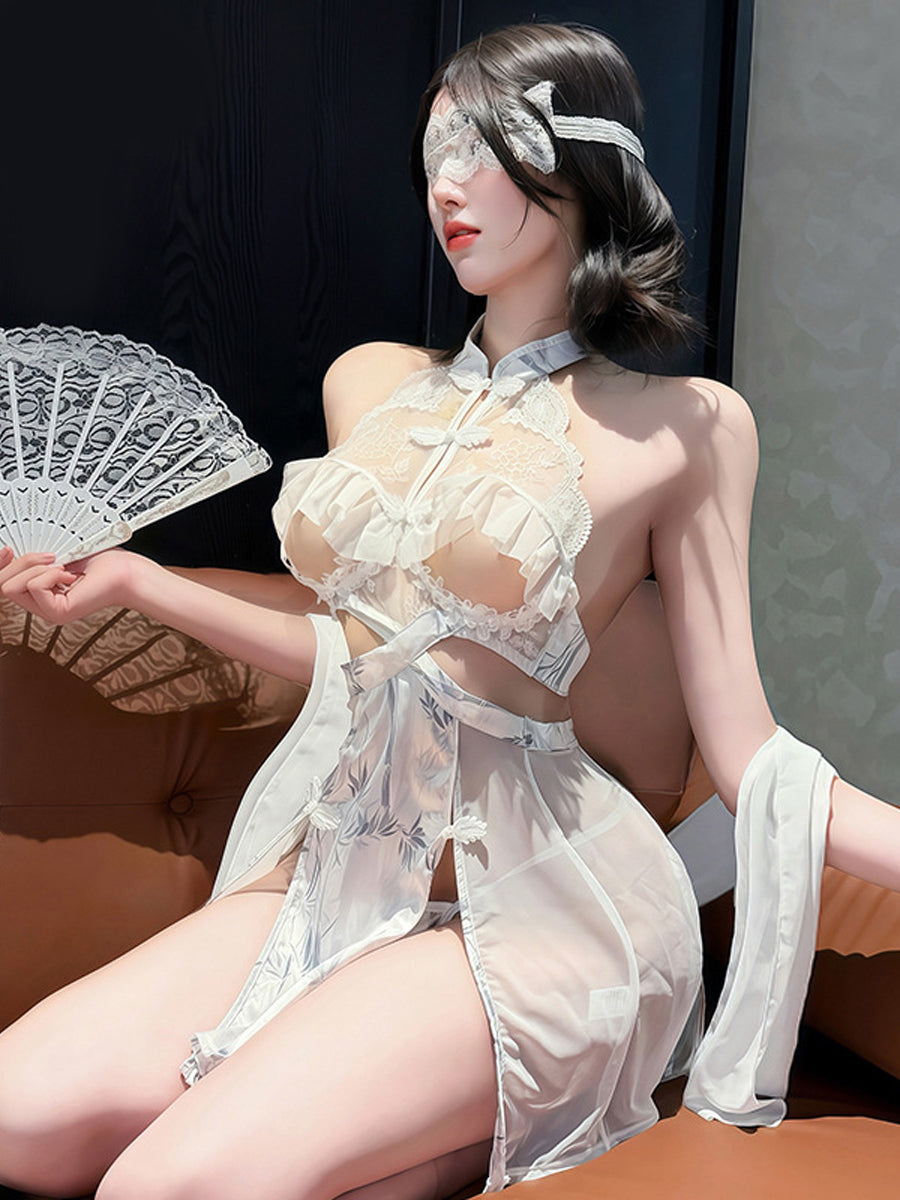 Sexy Cupless Cheongsam Lingerie Set Sheer Bamboo Print High Slit Qipao Dress