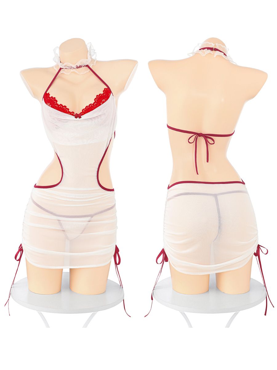 Seductive White Nurse Cosplay Lingerie Set Red Lace Sheer Mesh Babydoll Dress