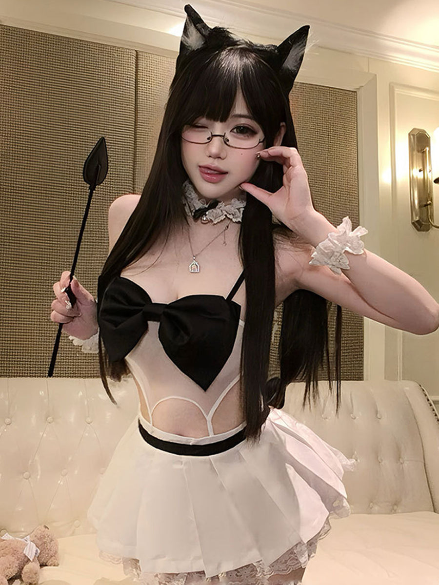 Sexy Neko Cat Girl Cosplay Set White Mesh Bodysuit and Pleated Mini Skirt with Cat Ear Headband