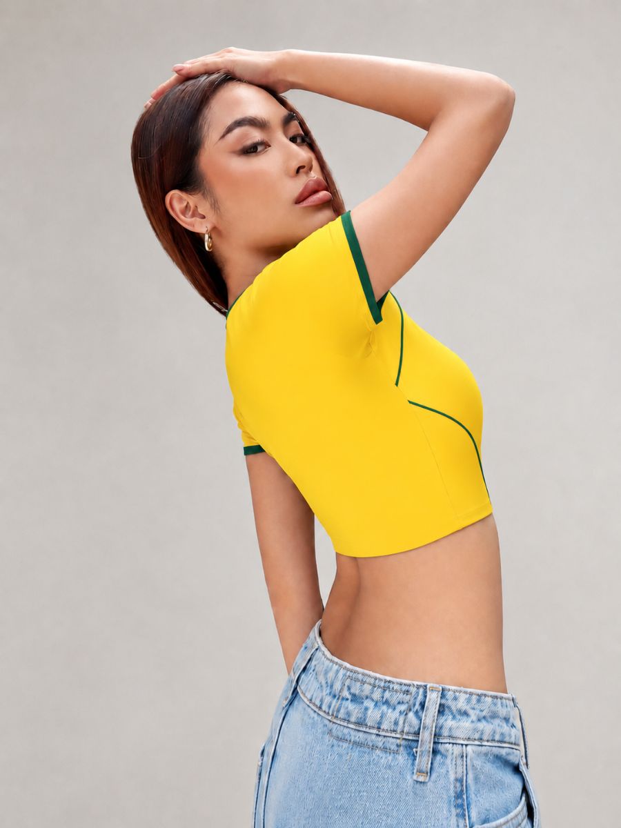 Brazil Soccer Crop Top Yellow Y2K Sporty Brazil Flag Crop Shirt 