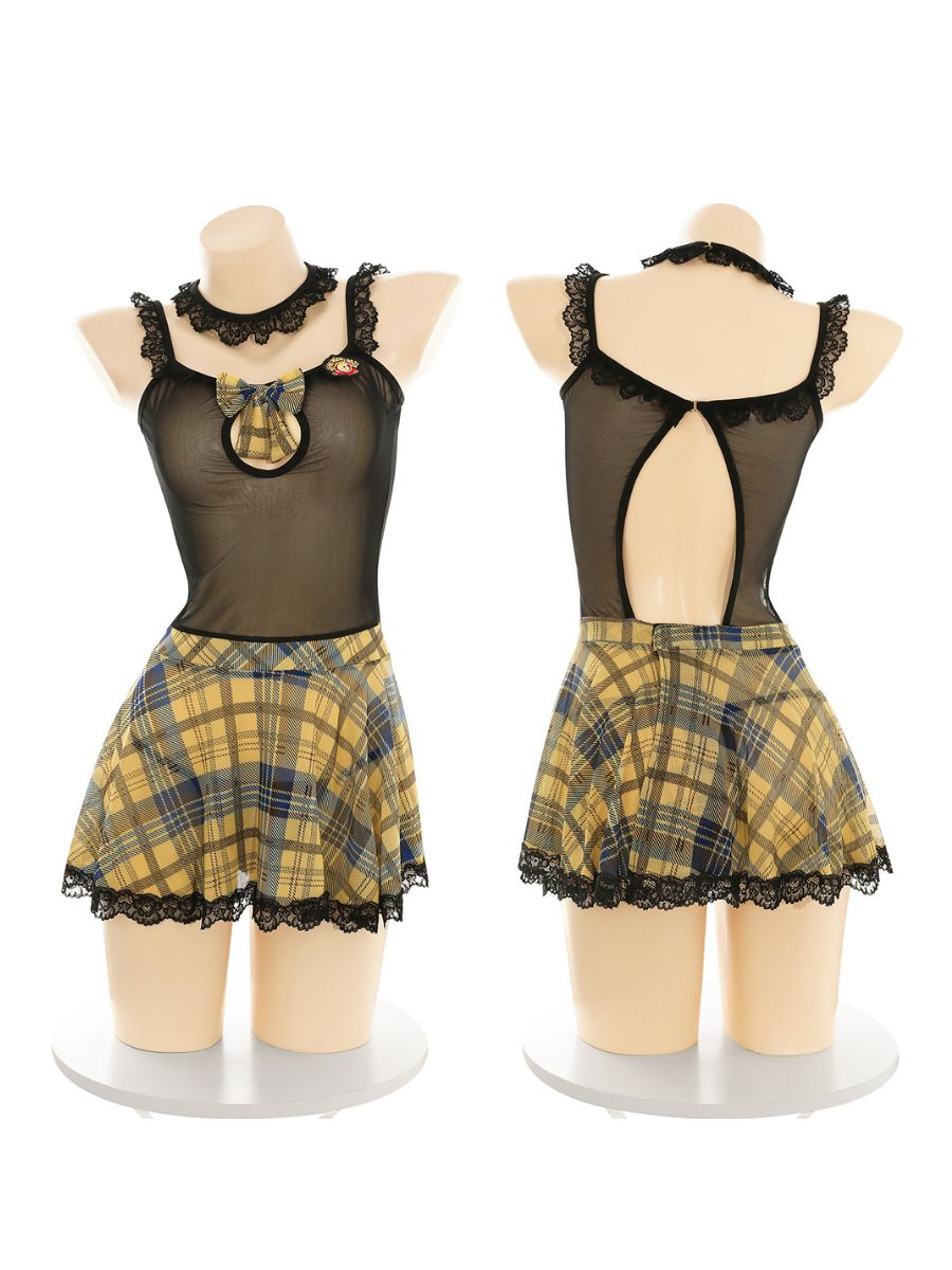Anime Schoolgirl Cosplay Lingerie Preppy Style Yellow Plaid Mini Dress