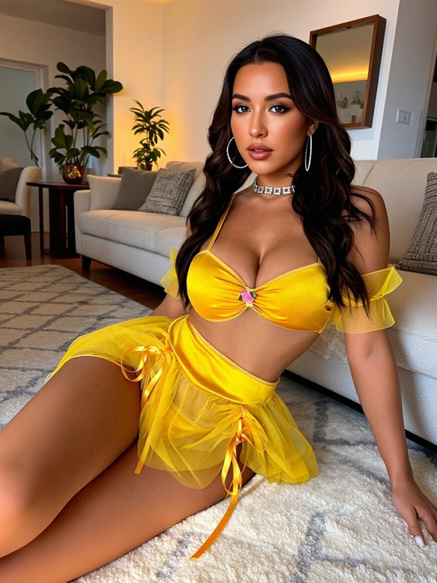 Princess Belle Cosplay Costume Yellow Princess Sheer Mesh Bra Top and Skirt Lingerie