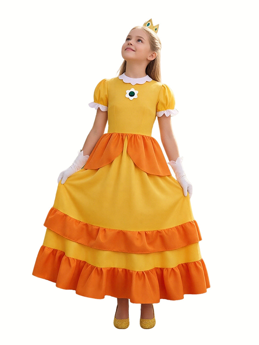 Girls Adults Super Mario Daisy Costume Yellow Princess Daisy Cosplay Outfit with Accessories