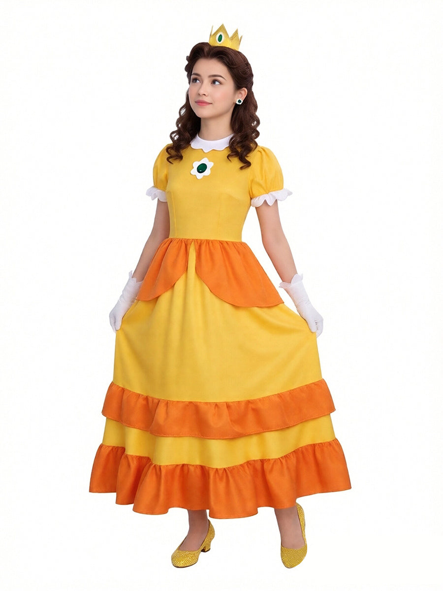 Girls Adults Super Mario Daisy Costume Yellow Princess Daisy Cosplay Outfit with Accessories