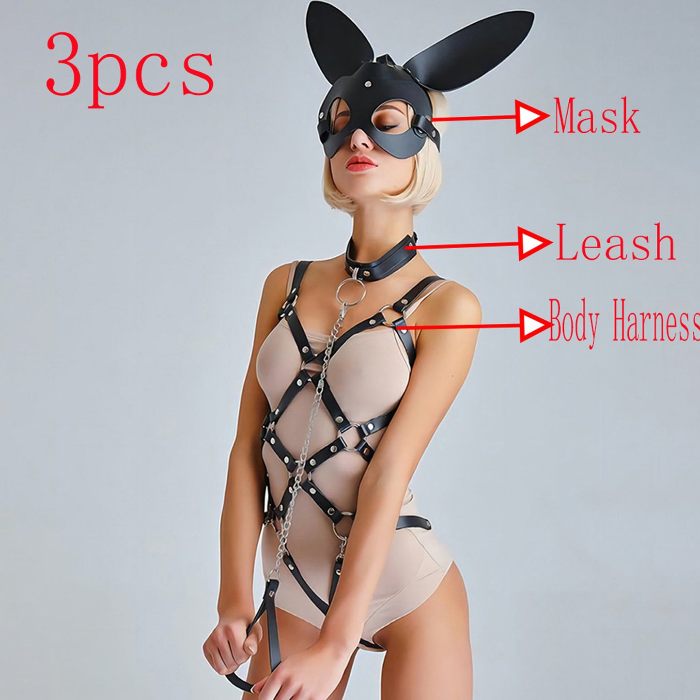 Yomorio 3 Piece BDSM Lingerie Set Pu Leather Harness Chain Leash Choker and Bunny Mask