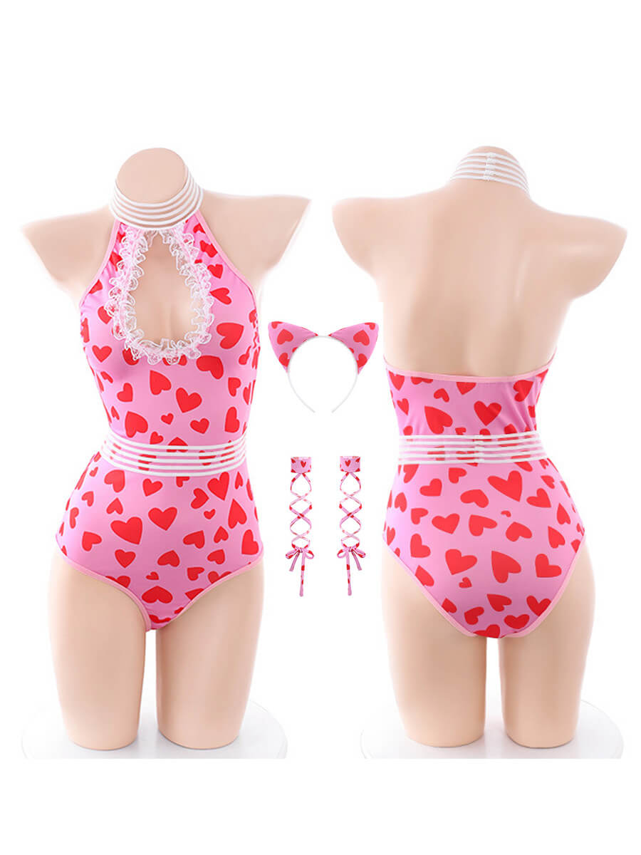 Pink Bunny Girl Sexy Lingerie Set Costume - Heart Cutout Bodysuit