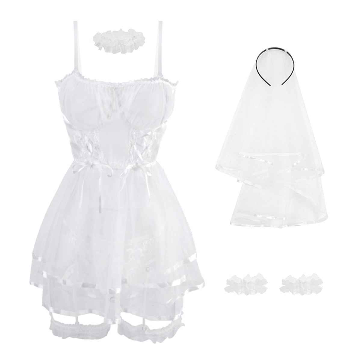 Yomorio Bride Cosplay Costume White Bridal Lingerie Set Sheer Mesh Babydoll Dress