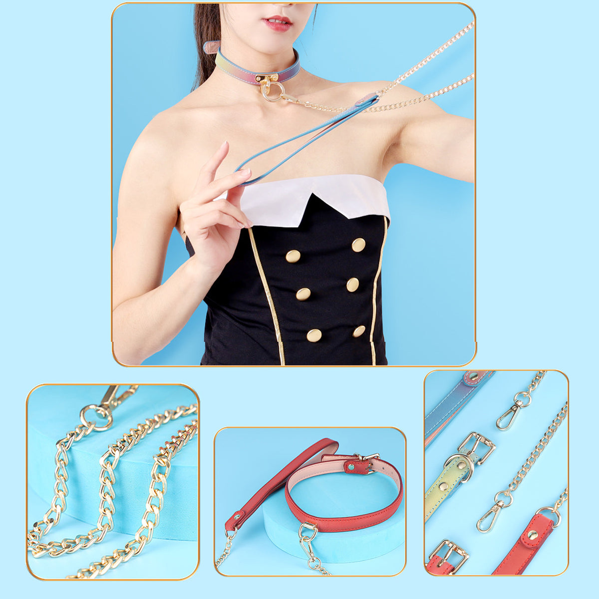 Yomorio Chain Choker Leash Reflective Leather Gothic Necklace Nightclub Leash Belts Neck Accessories