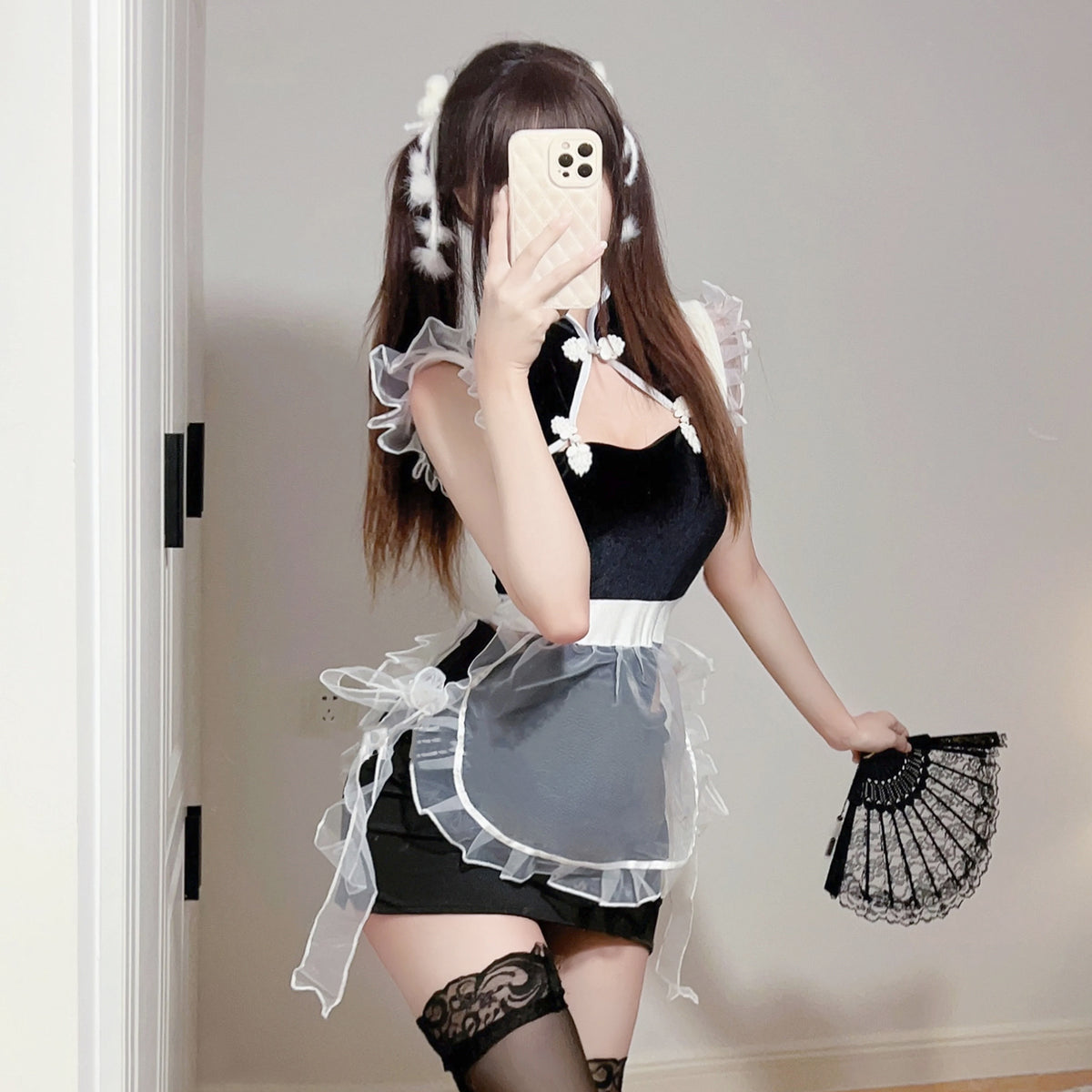 Yomorio Chinese Maid Lingerie Set Sexy Hollow Out Anime Bodysuit with Mesh  Apron