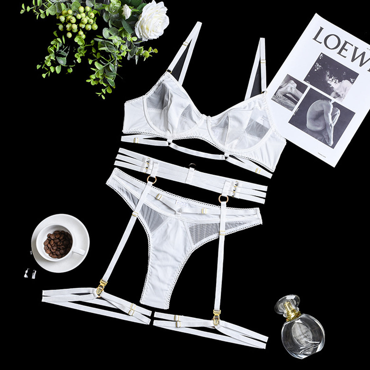 Yomorio Sexy Strappy Lingerie Set - Punk Style Mesh Bra and Panty