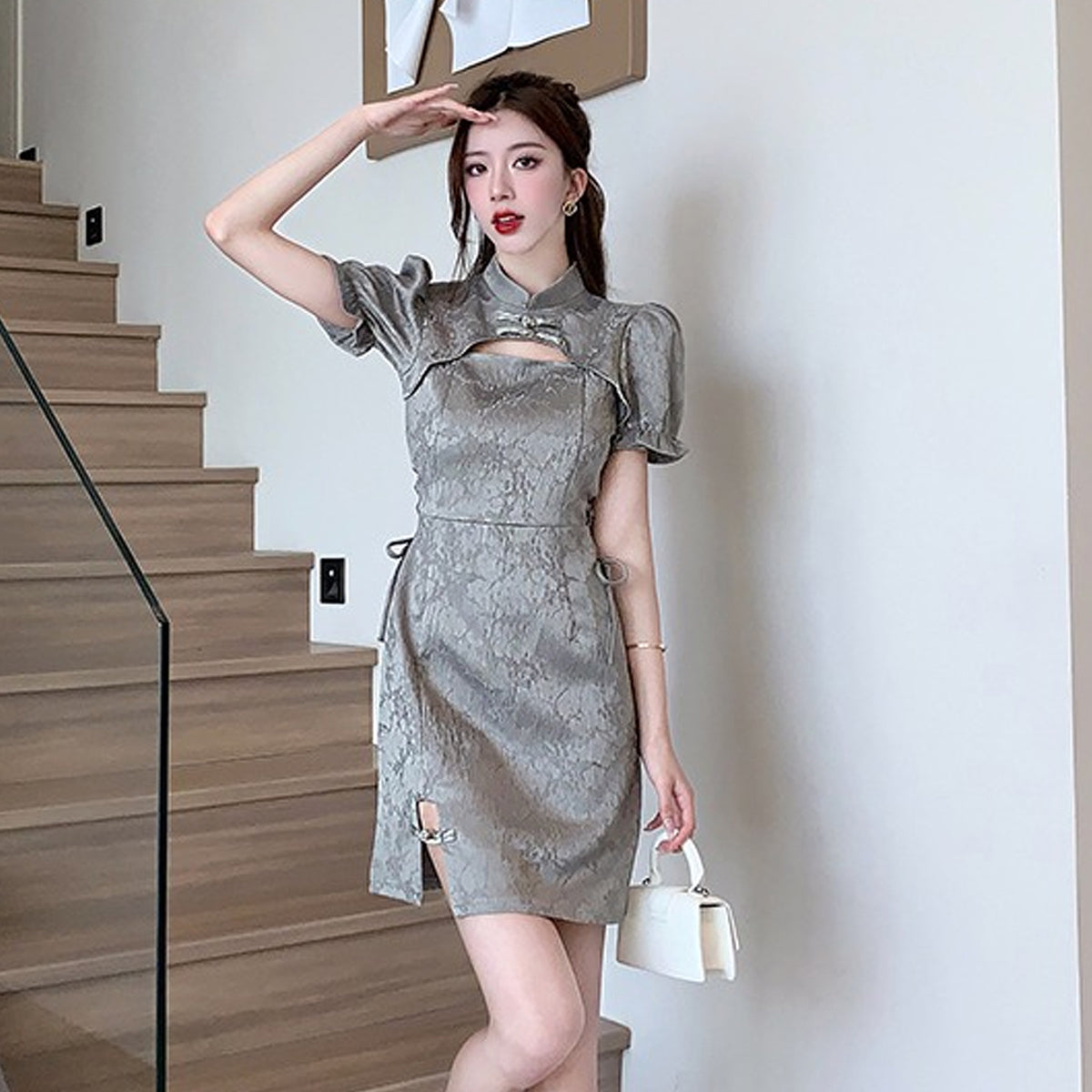 Yomorio Grey Chinese Dresses Cut Out Short Sleeve Slim Fit Cheogsam Dr –  YOMORIO