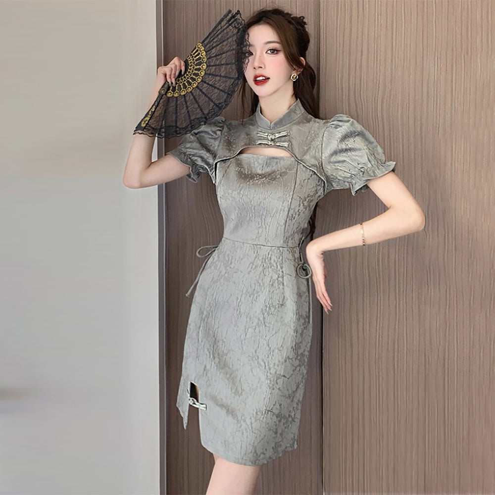 Yomorio Grey Chinese Dresses Cut Out Short Sleeve Slim Fit Cheogsam Dr –  YOMORIO