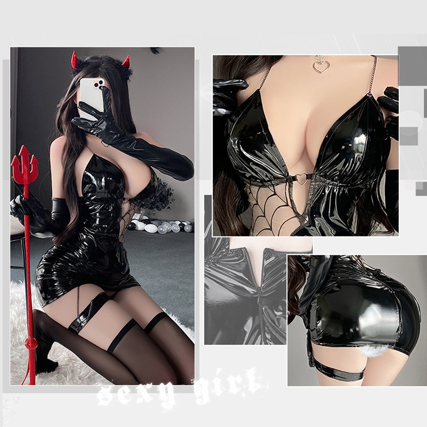 Yomorio Latex Devil Cosplay Outfits Leather Lace Up Ruched Mini Dress Succubus Halloween Costume