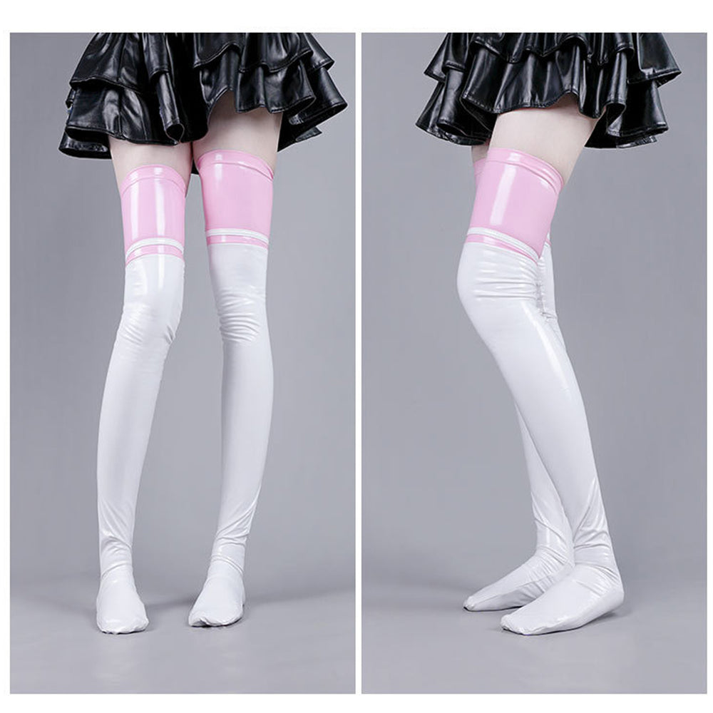 Yomorio Latex Thigh High Stocking Color Block Faux Leather Thigh High ...