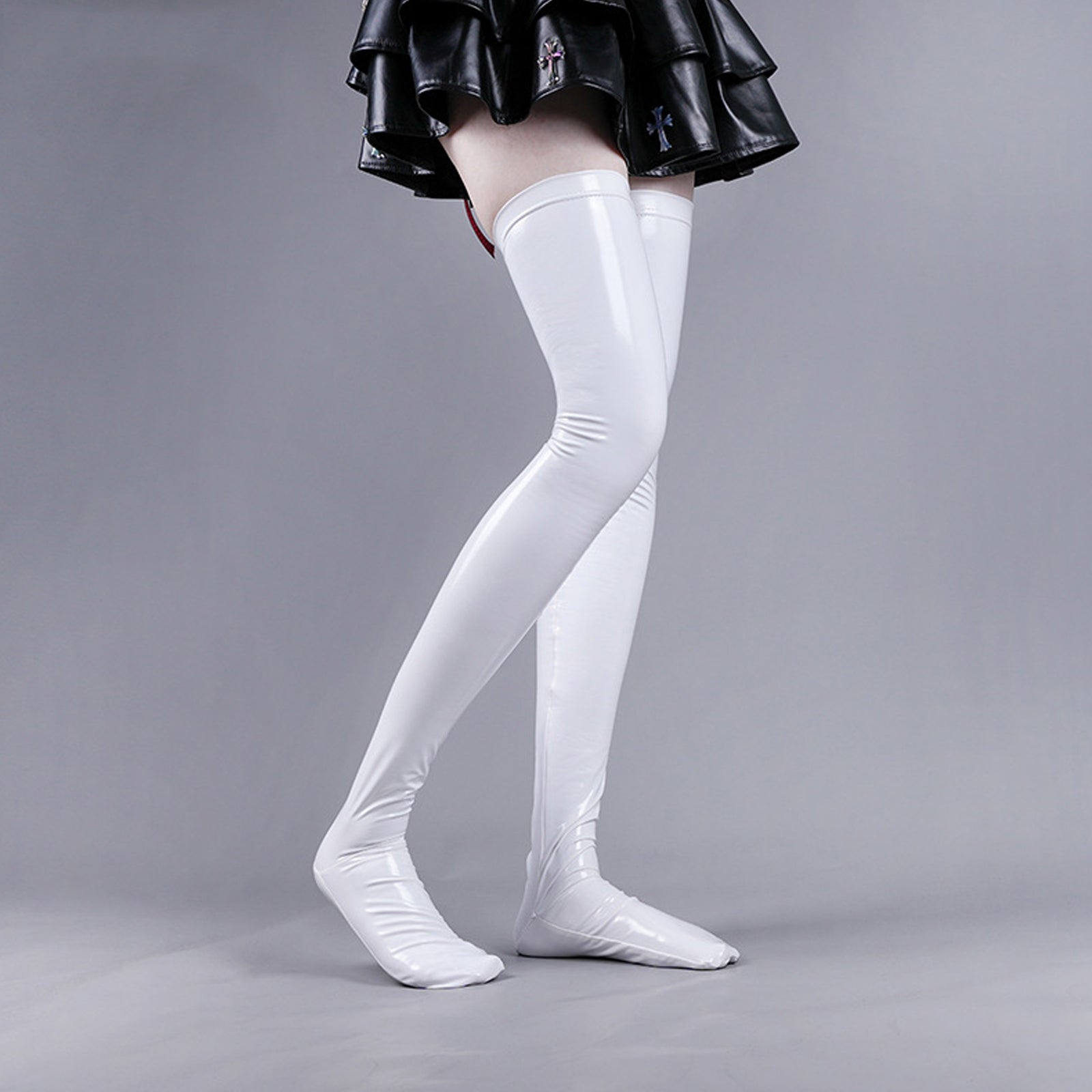 Yomorio Latex Thigh High Stocking Color Block Faux Leather Thigh High Socks for Women