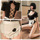 Yomorio Maid Lingerie Sexy Maid Outfit 2 Piece Black Snap Crotch Bodysuit Stripperwear and Maid Apron