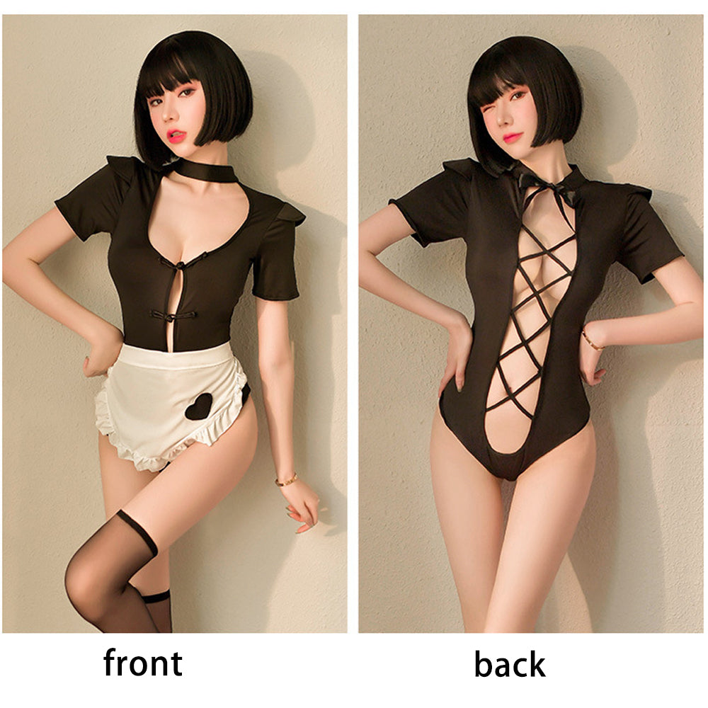 Yomorio Maid Lingerie Sexy Maid Outfit 2 Piece Black Snap Crotch Bodysuit Stripperwear and Maid Apron