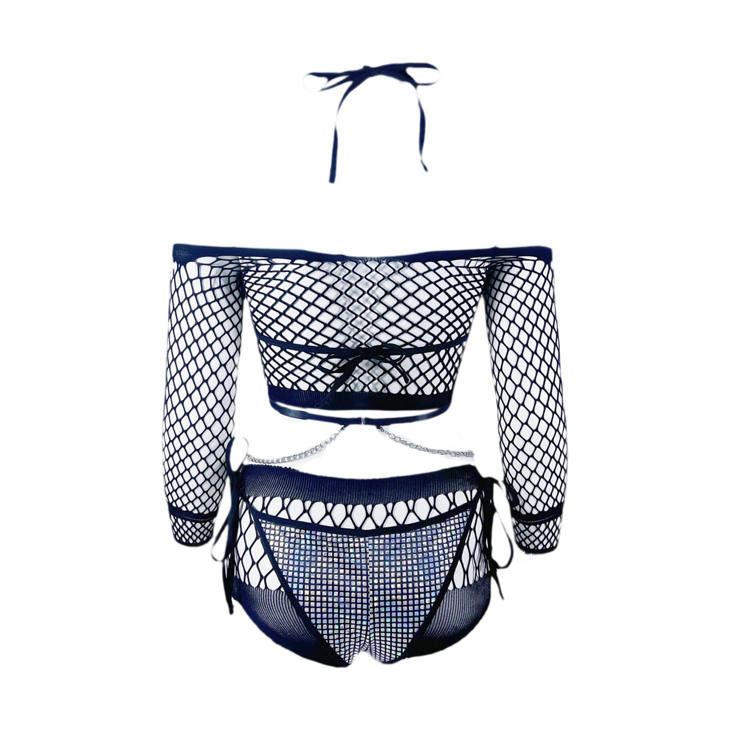 Yomorio Metallic Bikini Set Fishnet Crop Top and Shorts Rave EDC Outfit