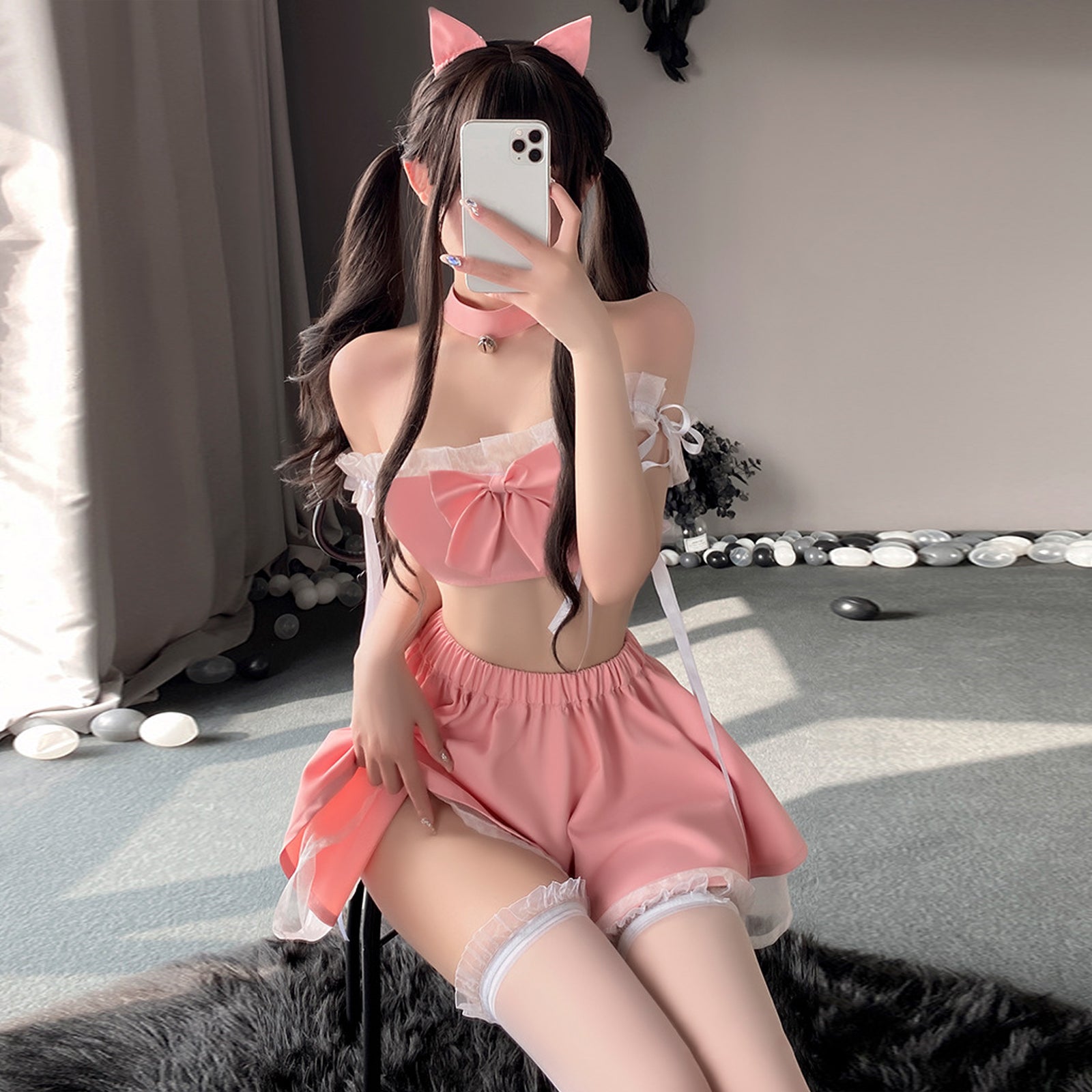 Yomorio Naughty Cat Girl Lingerie Set Pink Neko Outfit Anime Cosplay Costumes