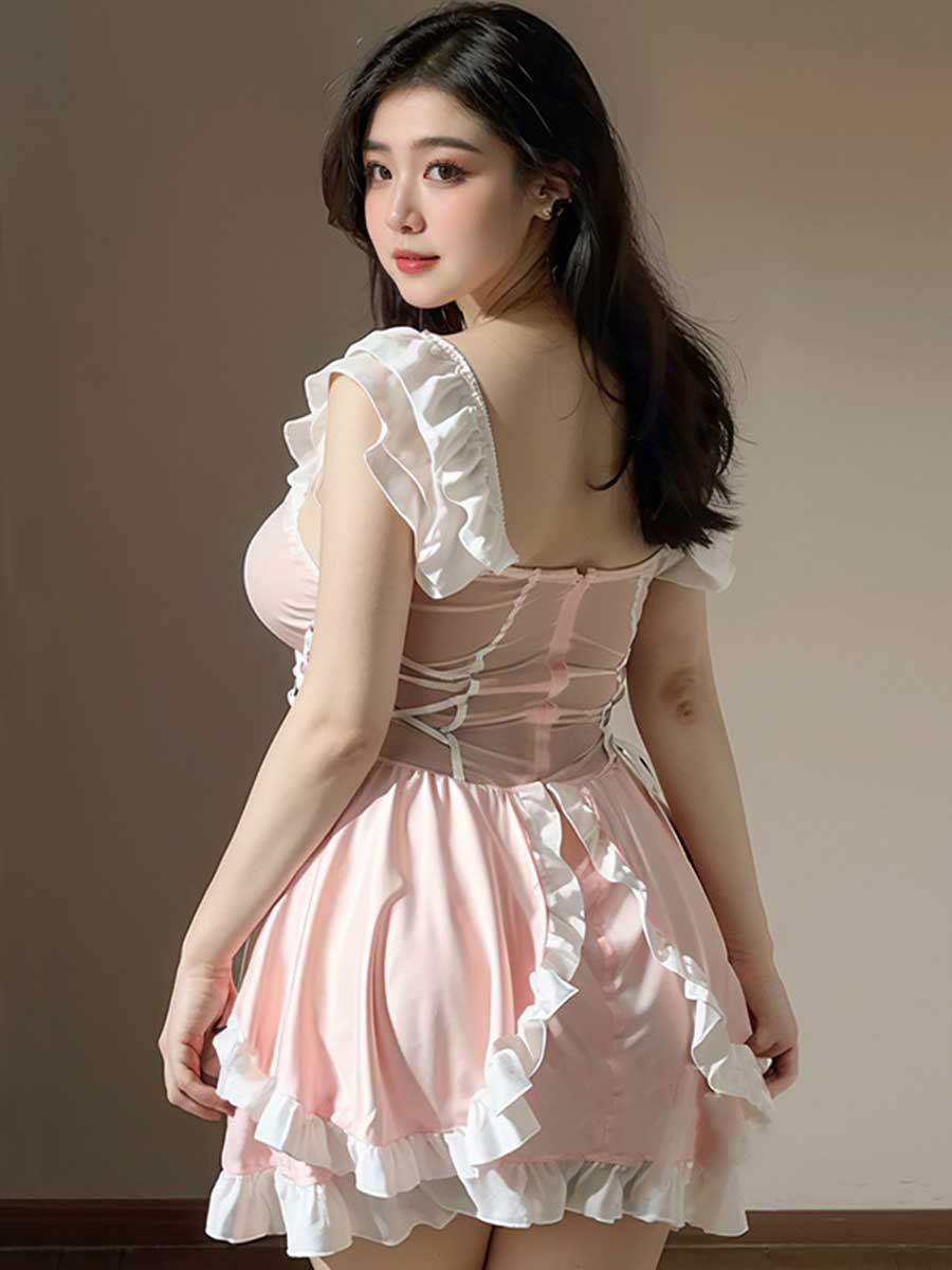 Yomorio Princess Lingerie Dress Sexy Maid Outfit Pink Lolita Ruffled B ...