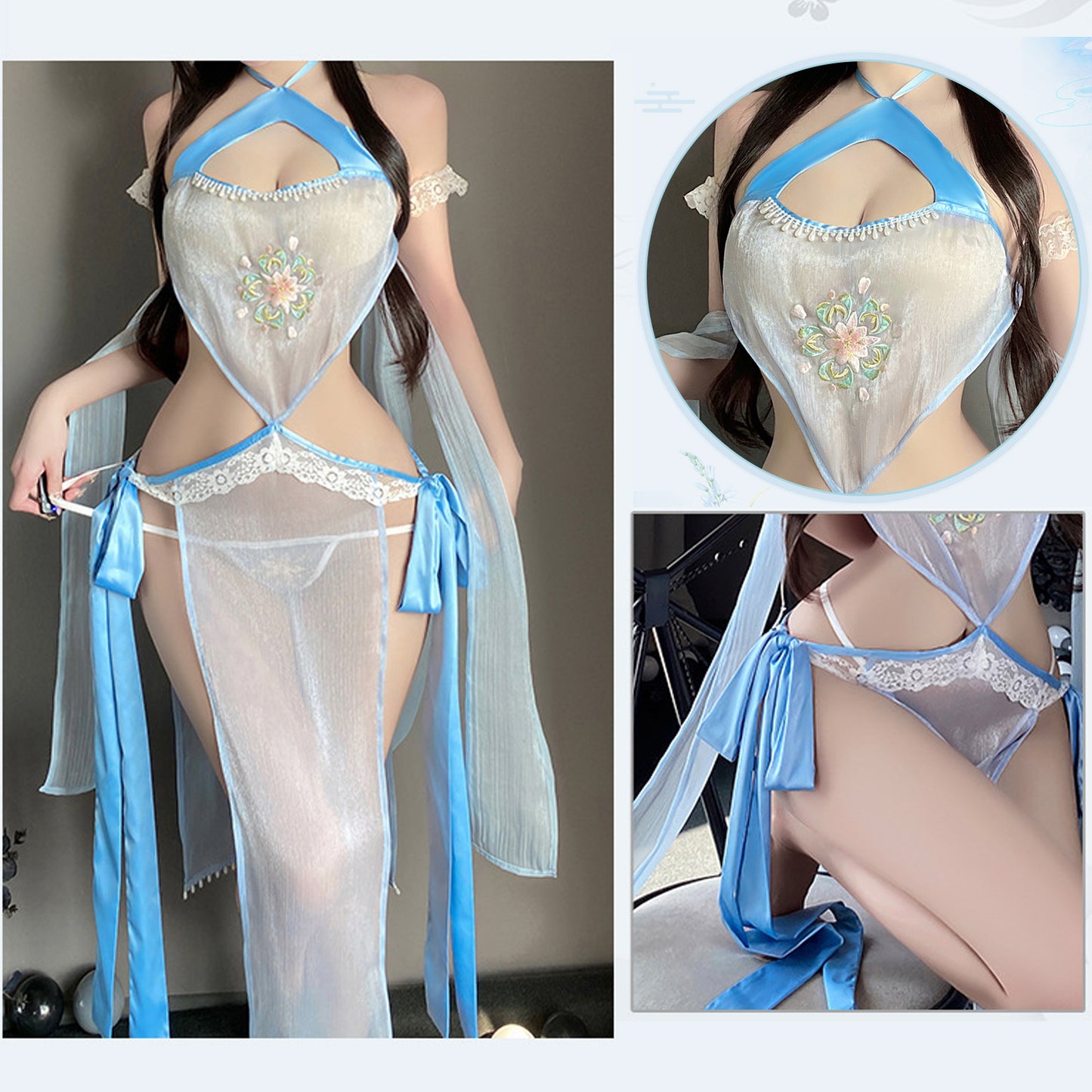 Yomorio Sexy Chinese Anime Lingerie Set See Through Exotic Geisha Costume Side Slit Maxi Dress