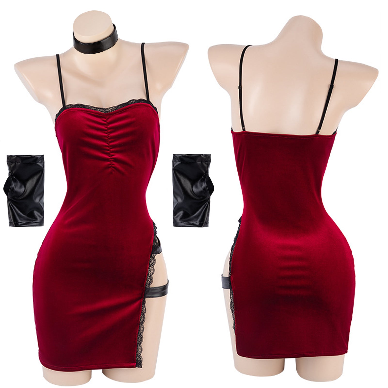 Sexy Lingerie Set - High Slit Lace Hem Red Velvet Bodycon Dress Set