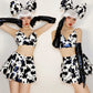 Yomorio Sexy Latex Cow Print Skirt Set Three Piece Bra Top & Pleated Mini Skirt Set with Bow Headband
