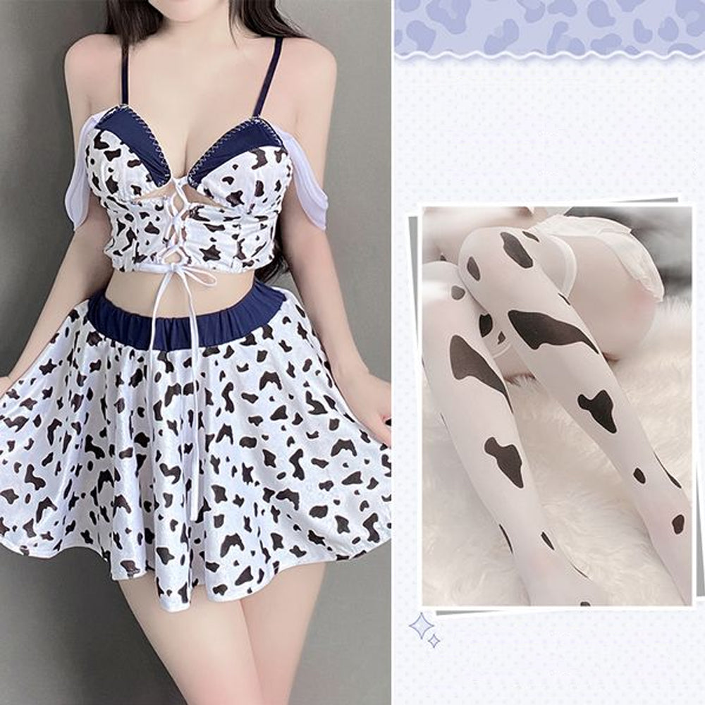 Yomorio Sexy Cow Print Lingerie Set Anime Cow Cosplay Outfit Lace-Up Skirt Set