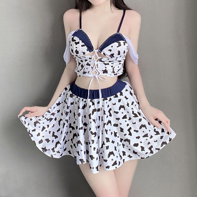 Yomorio Sexy Cow Print Lingerie Set Anime Cow Cosplay Outfit Lace-Up S