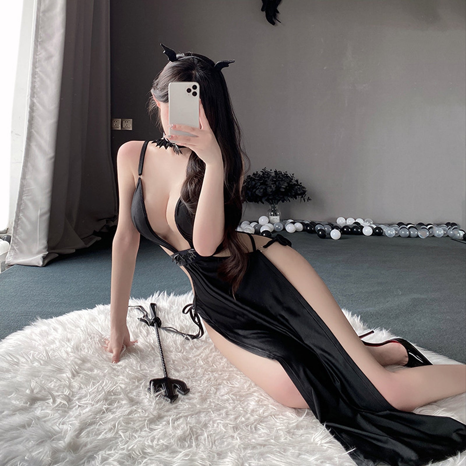 Yomorio Sexy Devil Costume Black High Slit Maxi Dress Succubus