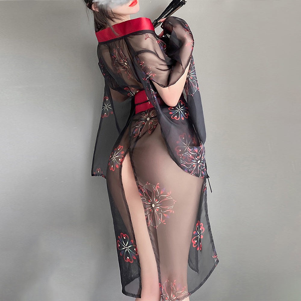 Yomorio Sexy Japanese Kimono Lingerie Black Sheer Floral Print Robe Sleepwear Nightgown