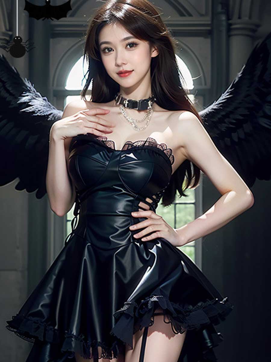 Yomorio Sexy Latex Mini Dresses Black Strapless Wet Look Party Dress w