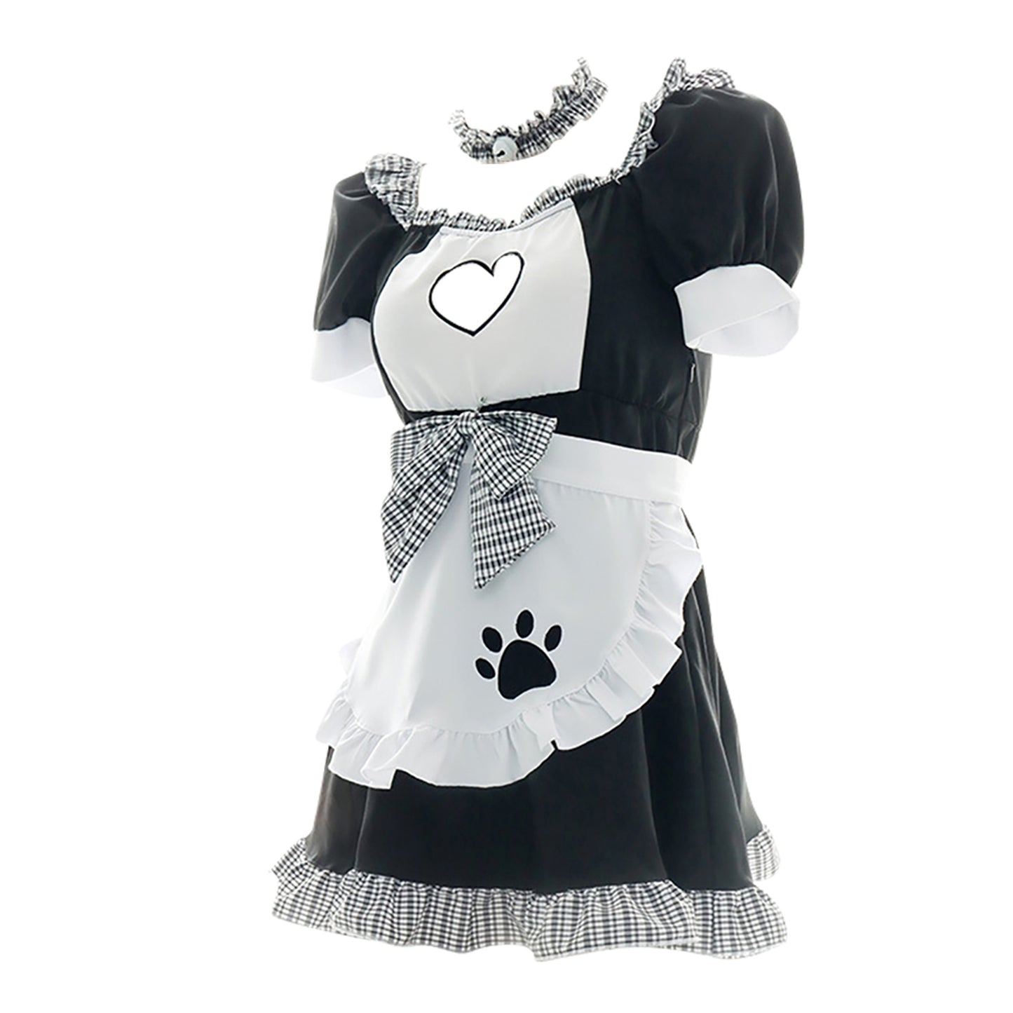 Yomorio Sexy French Maid Costume Ruffle Trim Maid Fancy Dress Cat Paw Print Waitress Roleplay Uniform