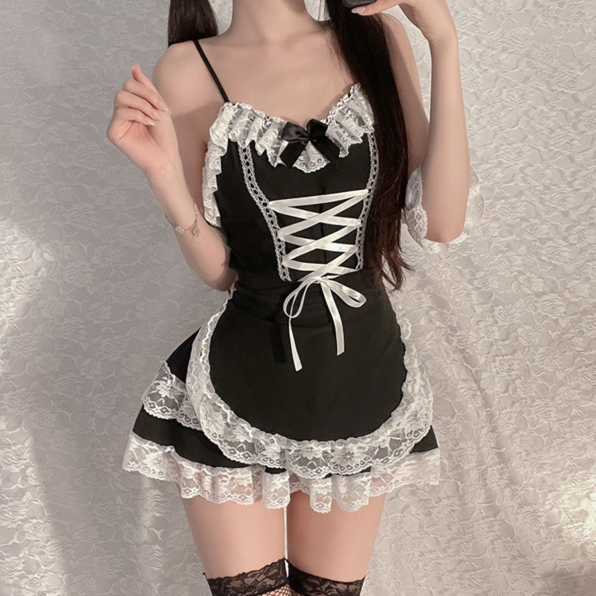 Women Cosplay Lingerie Sexy Maid Outfit Lace Trim Mesh Thong