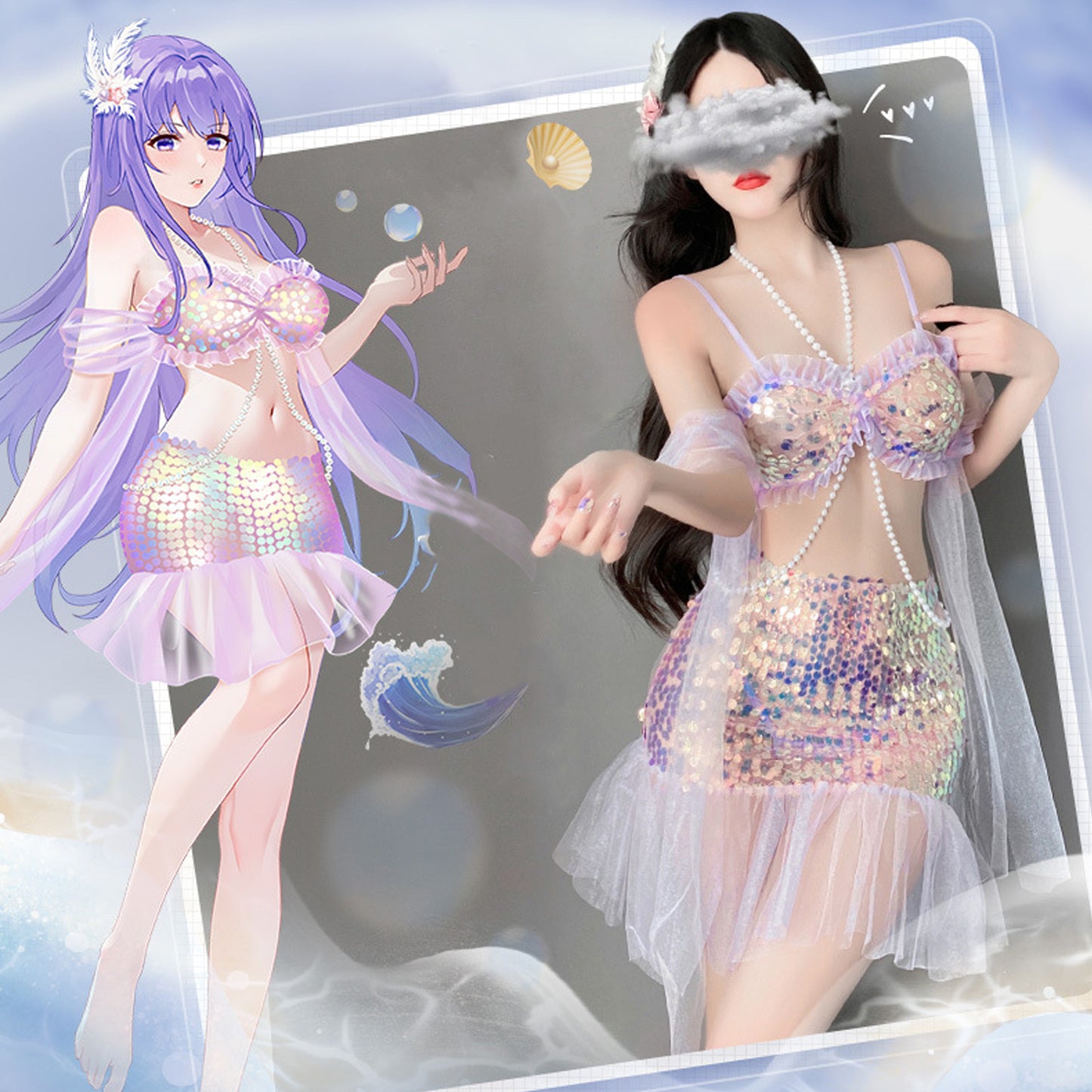 Yomorio Sexy Mermaid Lingerie Set Sequins Mermaid Cosplay Outfit Adult Halloween Costume