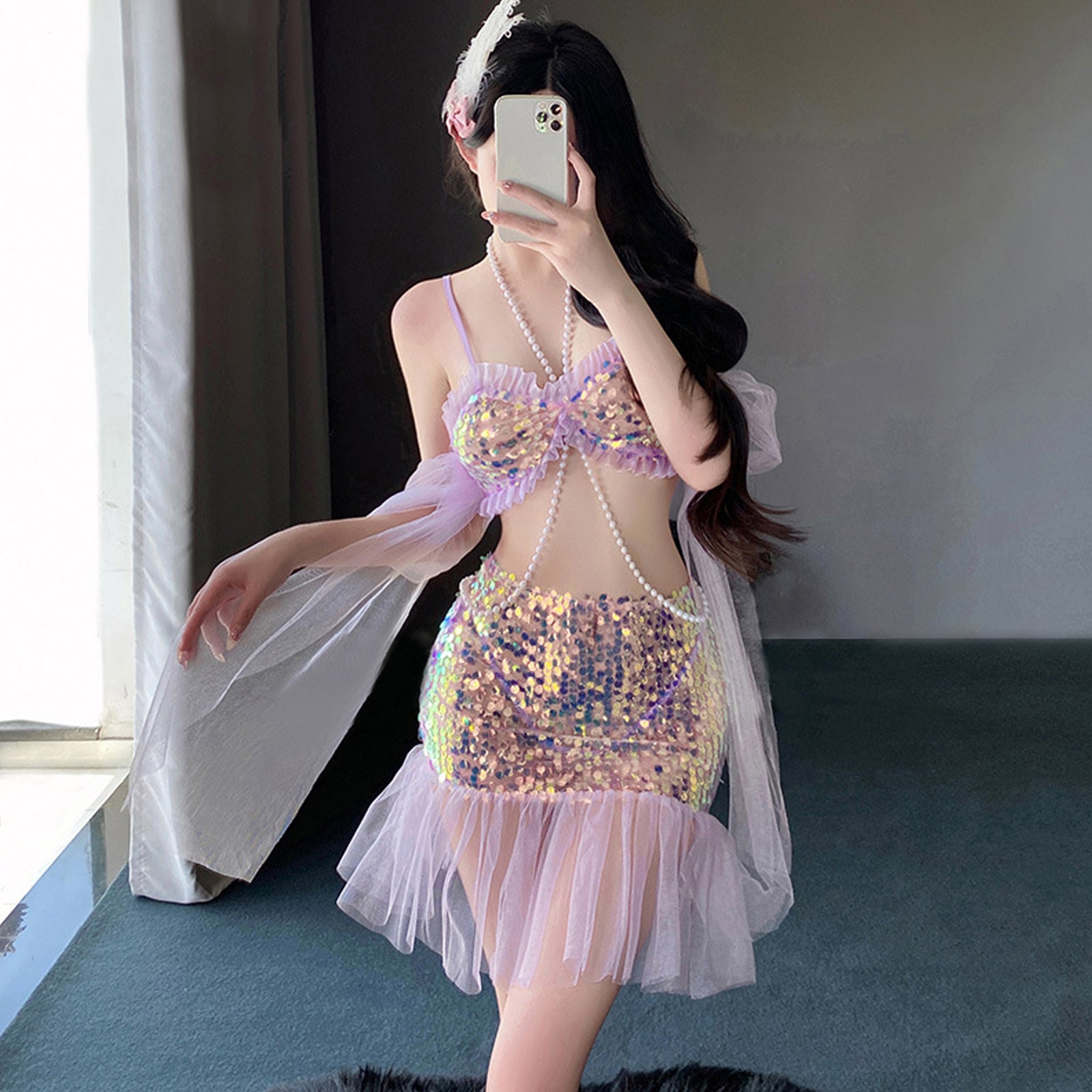 Yomorio Sexy Mermaid Lingerie Set Sequins Mermaid Cosplay Outfit Adult Halloween Costume, Purple / L Yomorio Sexy Mermaid Lingerie Set Sequins Mermaid Cosplay Outfit Adult Halloween Costume, Purple / L