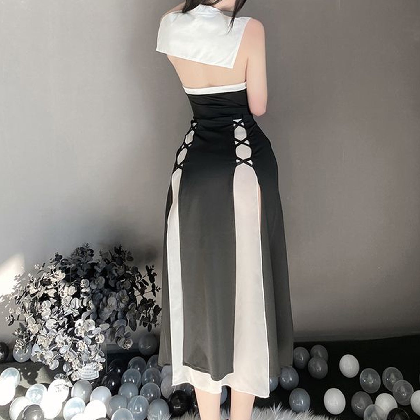 Yomorio Sexy Nun Costume Habit Nun Cosplay Lingerie Set High Slit Cosplay Dress