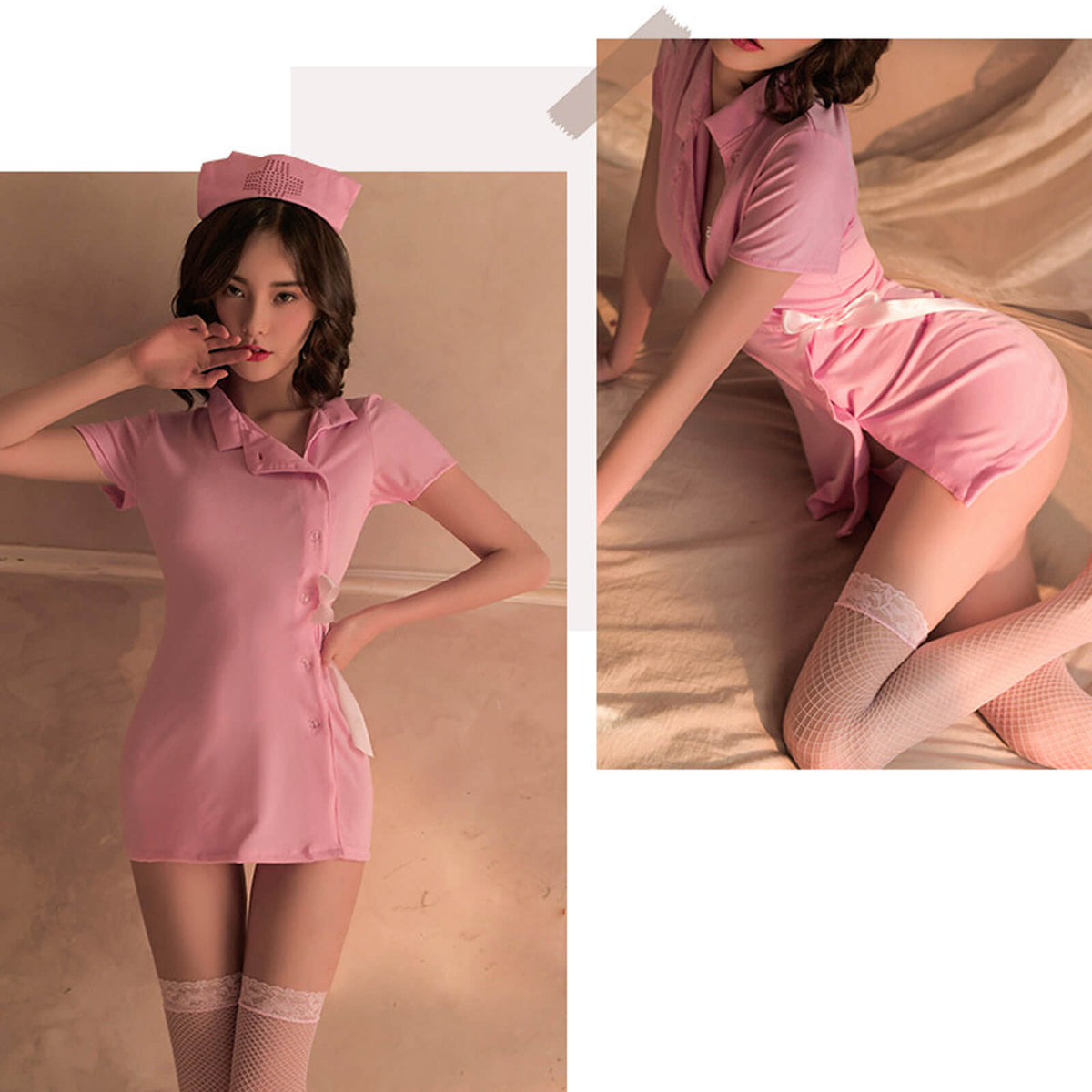 Yomorio Sexy Nurse Lingerie Costume Pink Button Front Nurse Cosplay Uniform