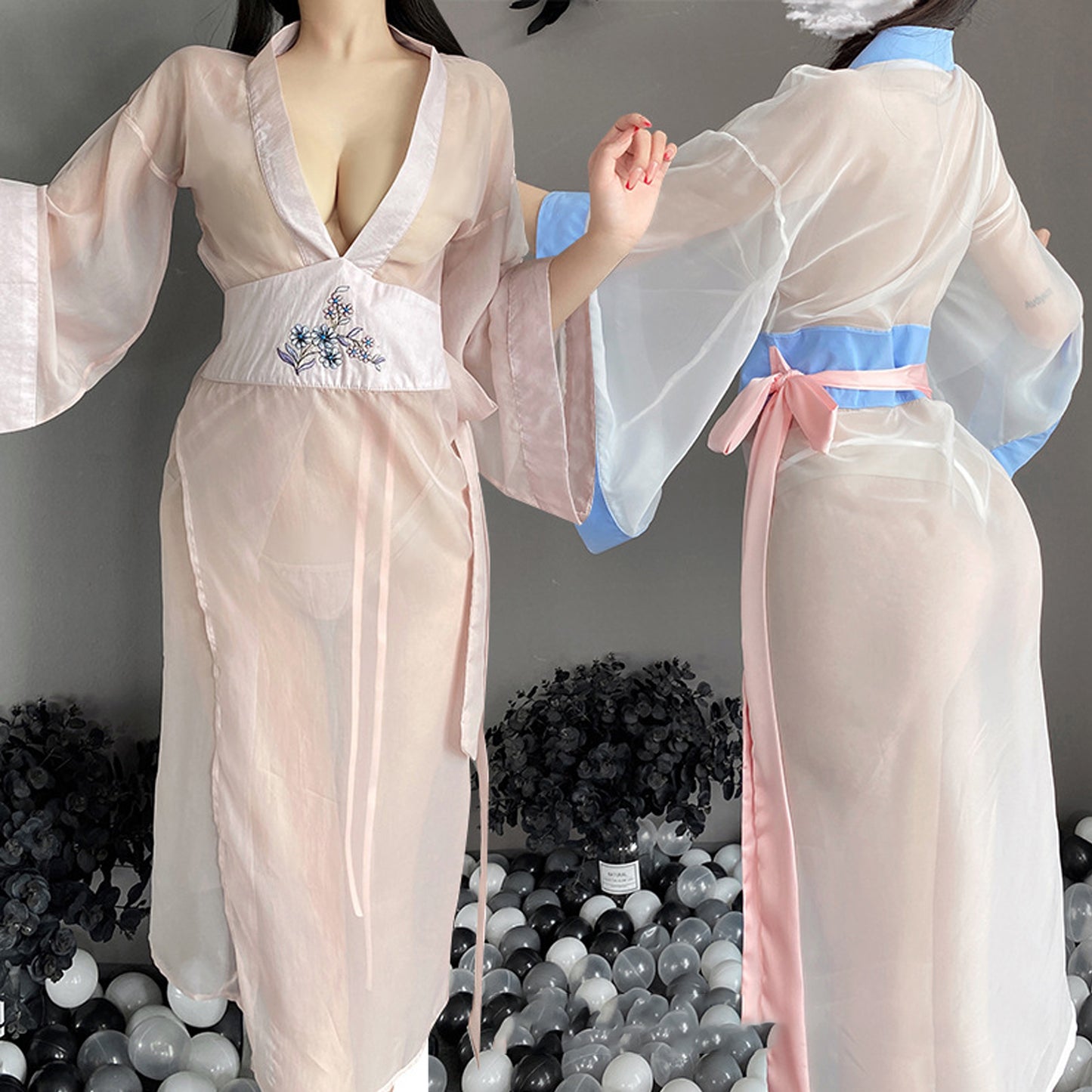 Yomorio Sheer Mesh Kimono Robe V Neck Long Yukata Anime Lingerie Set