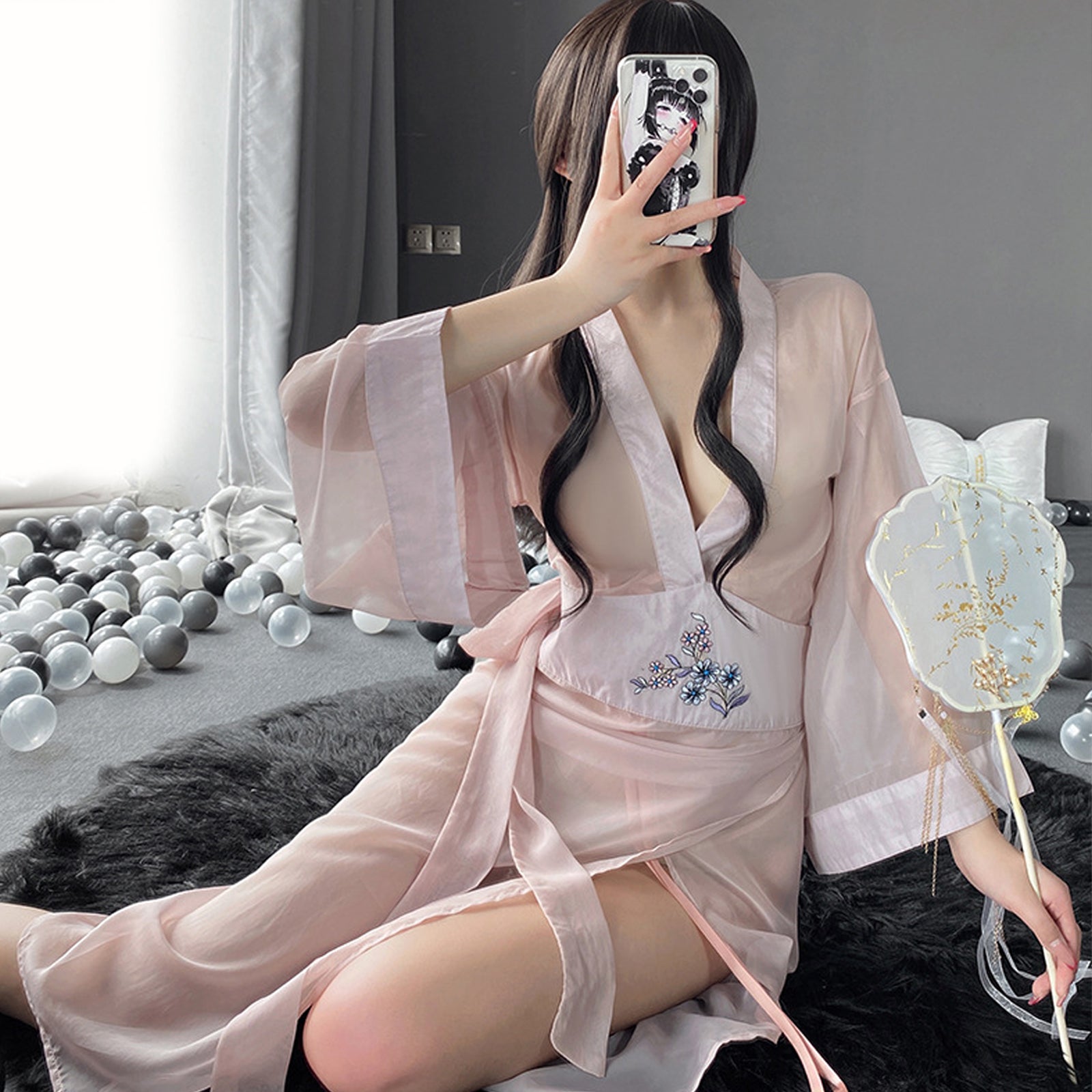 Yomorio Sheer Mesh Kimono Robe V Neck Long Yukata Anime Lingerie Set YOMORIO