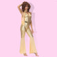 Pink Disco Jumpsuit 70s Vintage Hippie Costume Sleeveless Deep V Neck Flare Outfits