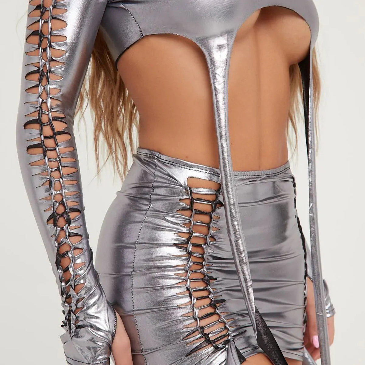 Yomorio Silver Chrome Metallic Skirt Set Long Sleeve Two Piece Rave Outfits Sexy EDM Outfits
