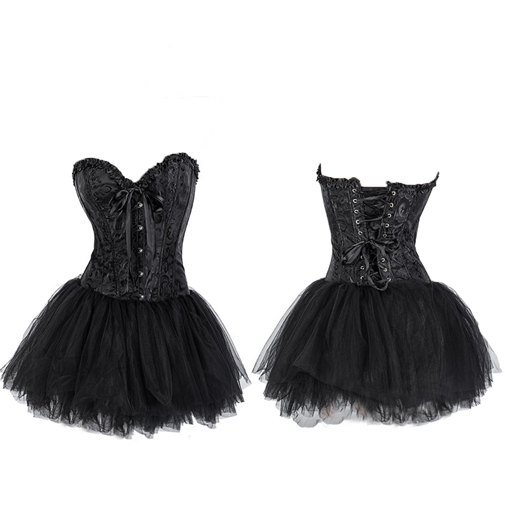 Costume Gothique Femme Corset + Jupe Tulle 76 Cm - Noir, Dentelle - Pour Halloween, Cosplay, Soirée - Taille S-2XL