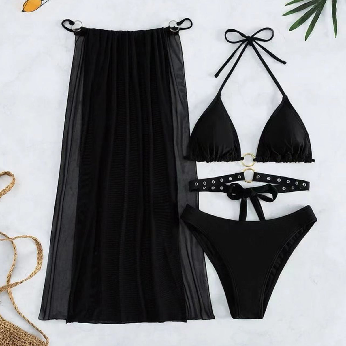 Cheap Women Sexy Lingerie Sheer Mesh Bikini Set Halter Triangle