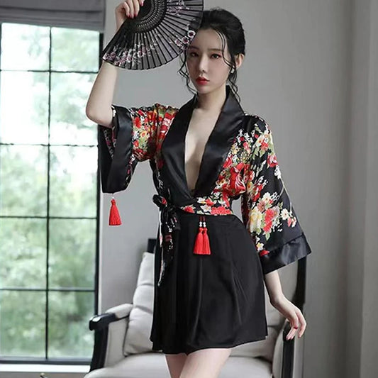 Japanese Kimono Costume Sexy Floral Robe Deep V Semi Sheer Lingerie